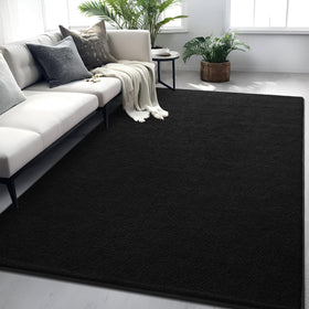 FALARK rug in bedroom with black 4x6 area rug for foot comfort.