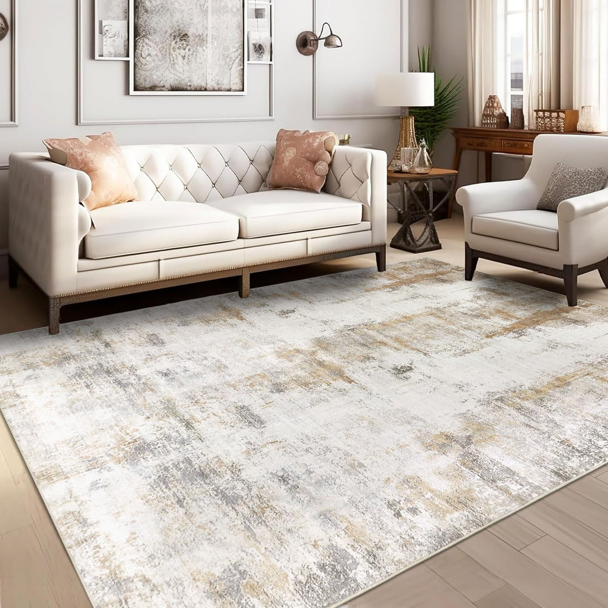 famibay 5x8 abstract area rug in living room adds neutral elegance