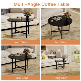 FAMIDGE round coffee table with adjustable feet to protect floors.