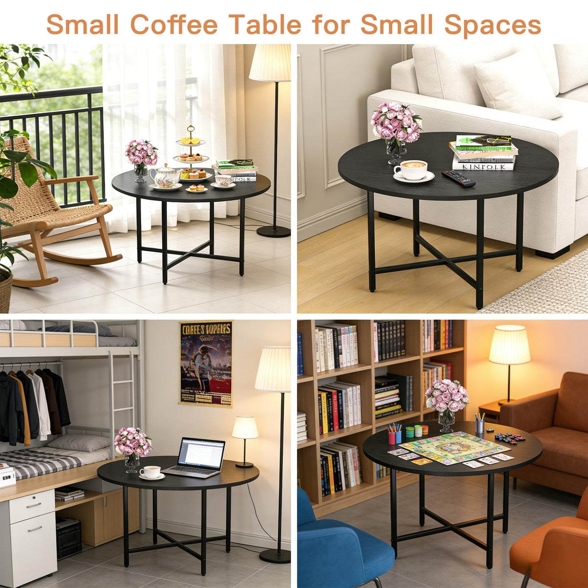 FAMIDGE round coffee table placed in a living room setup for versatile use.