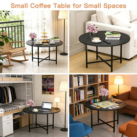 FAMIDGE round coffee table placed in a living room setup for versatile use.