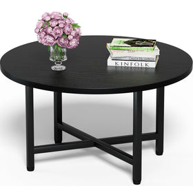 FAMIDGE round coffee table with wood top and metal frame, ideal for living rooms.