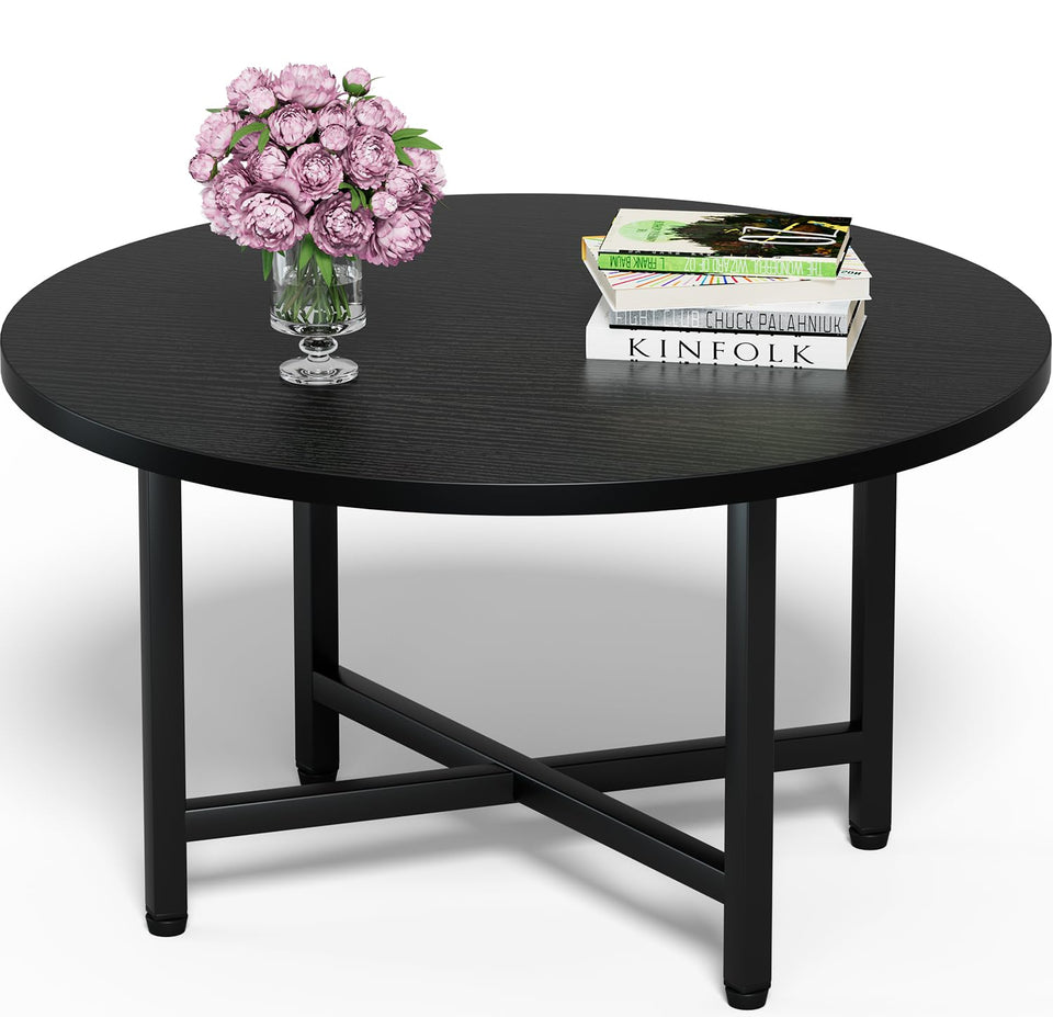 FAMIDGE round coffee table with wood top and metal frame, ideal for living rooms.