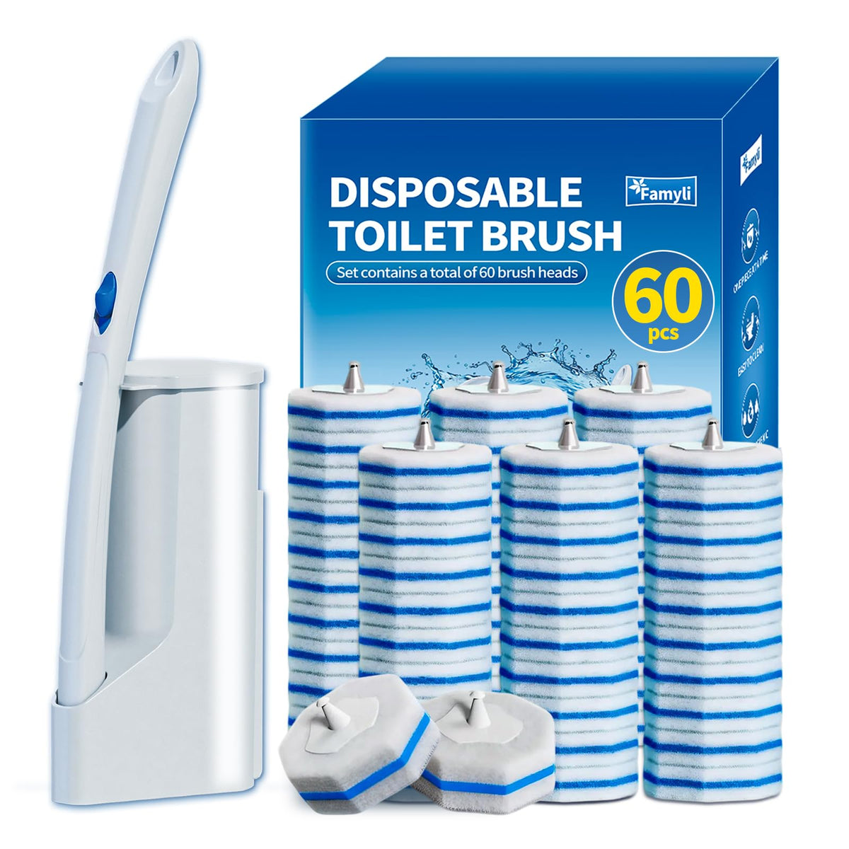FAMYLI disposable toilet brush with 60 heads for quick replacement.