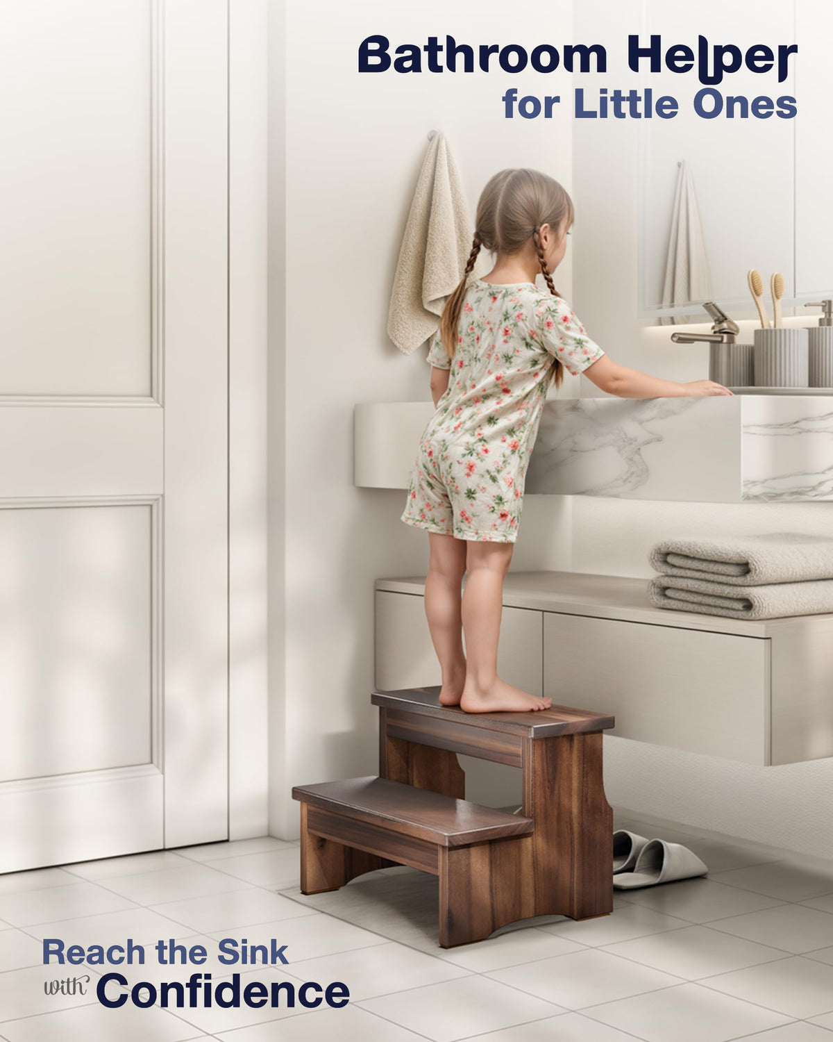 FANATU wooden two step stool ideal for kitchen tasks and reaching high shelves