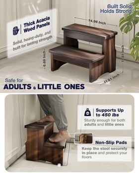 FANATU wooden two step stool wide dual step platform supports safe climbing