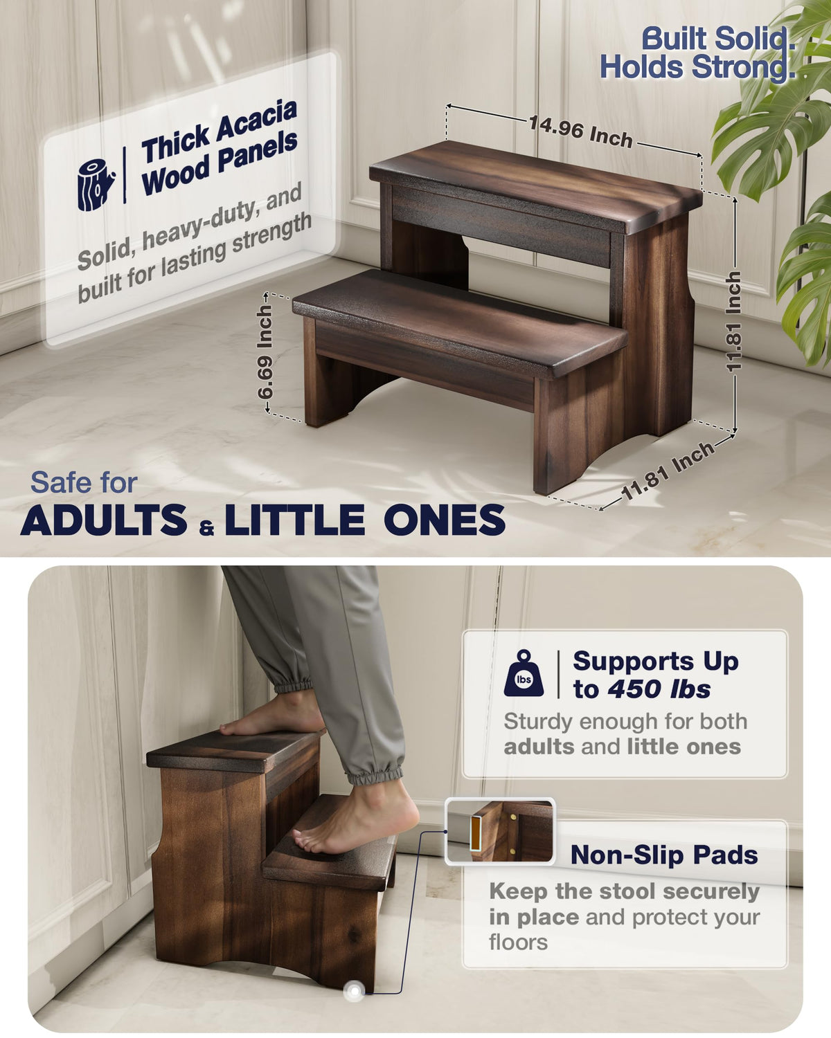 FANATU wooden two step stool wide dual step platform supports safe climbing