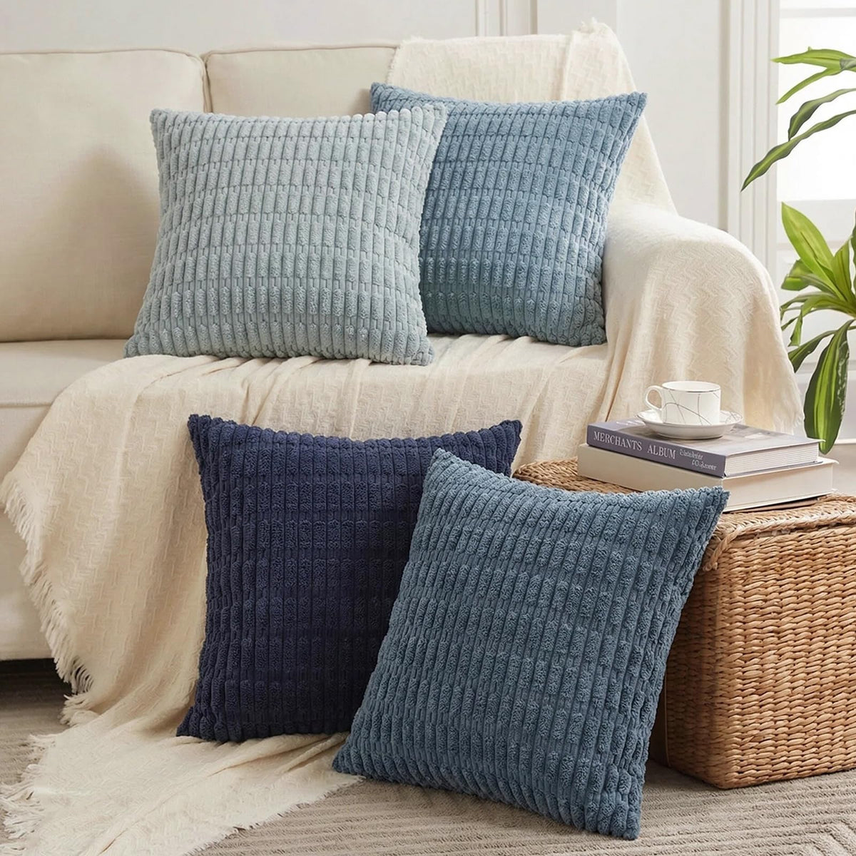 Fancy Homi four-pack decorative pillow cover in blue stripe adds versatile texture to living spaces.