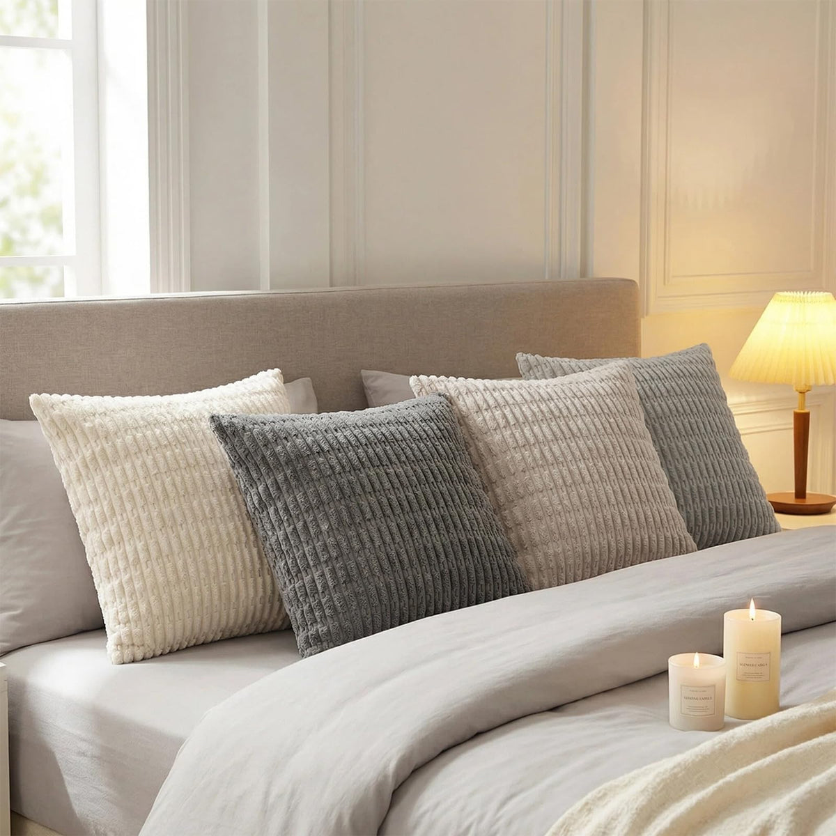 Fancy Homi striped grey pillow cover close-up shows pattern detail.