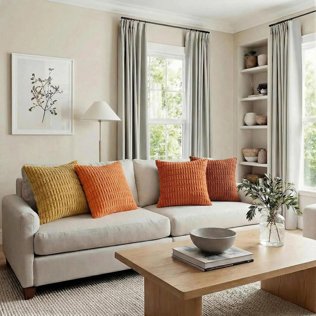 Fancy Homi burnt orange stripe pillow cover in a living room setup