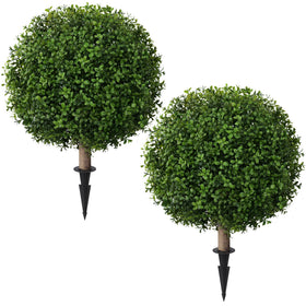 FancyPlus artificial boxwood topiary ball green eucalyptus enhances Mediterranean outdoor vibe.