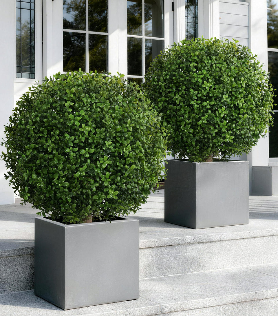 FancyPlus artificial boxwood topiary ball pink eucalyptus for romantic garden charm.