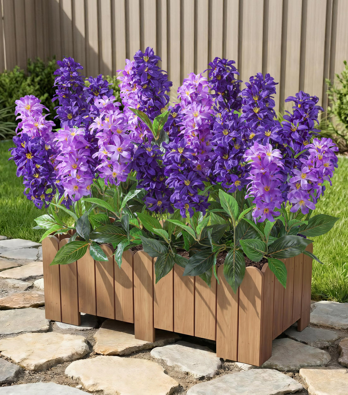 FancyPlus artificial hyacinth outdoors with three lifelike stems for patio decor.