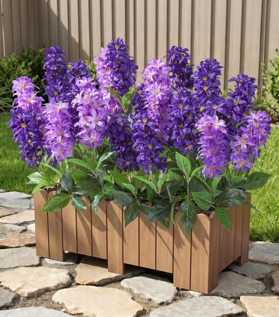 FancyPlus artificial hyacinth outdoors with three lifelike stems for patio decor.