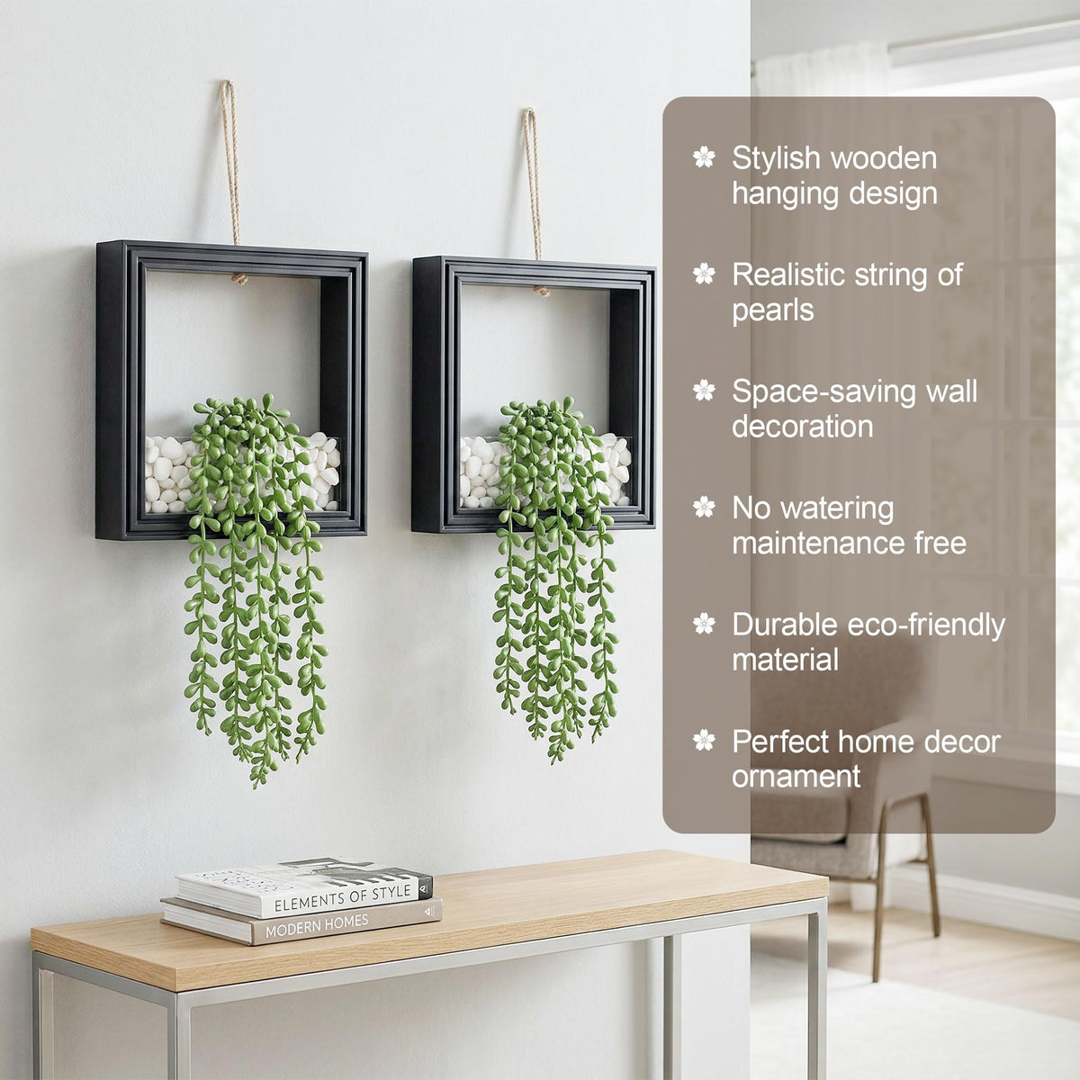 FancyPlus artificial succulents in square wooden frames add rustic charm.