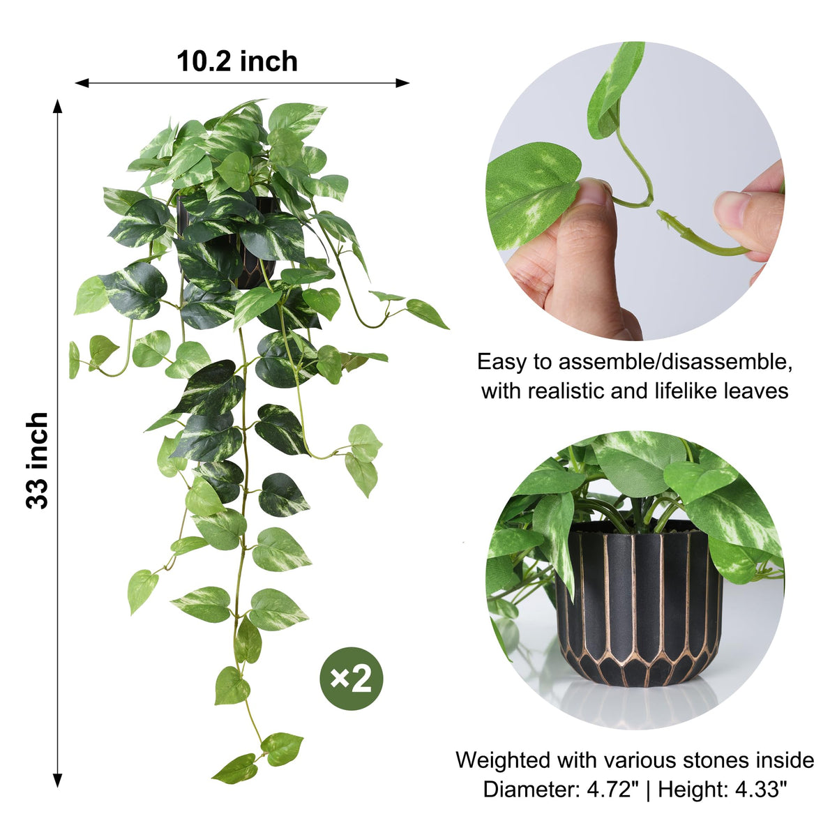 FancyPlus two black-gold pots frame the realistic pothos for chic decor