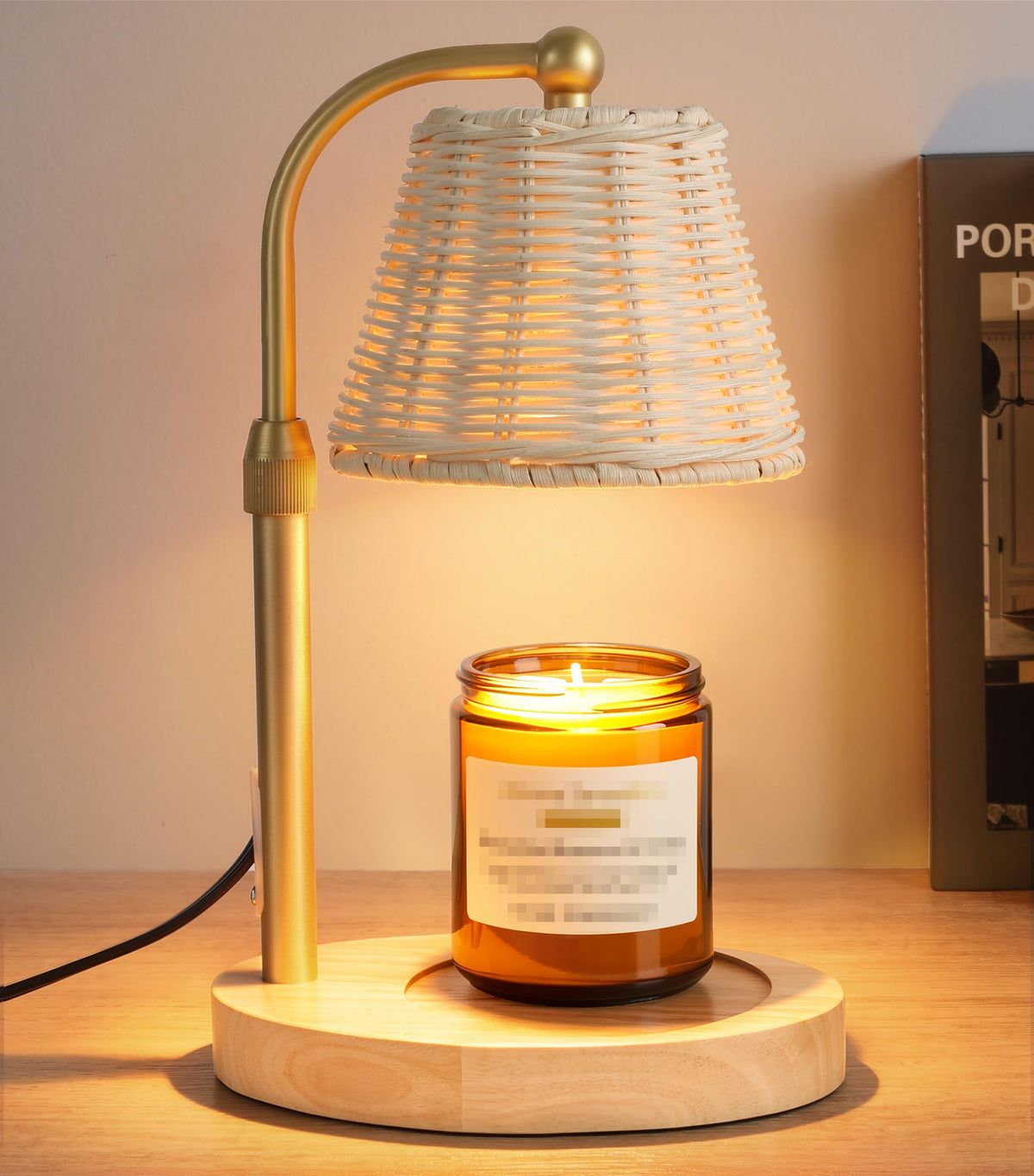 FancyPlus candle warmer lamp with wood base glows softly for cozy ambiance