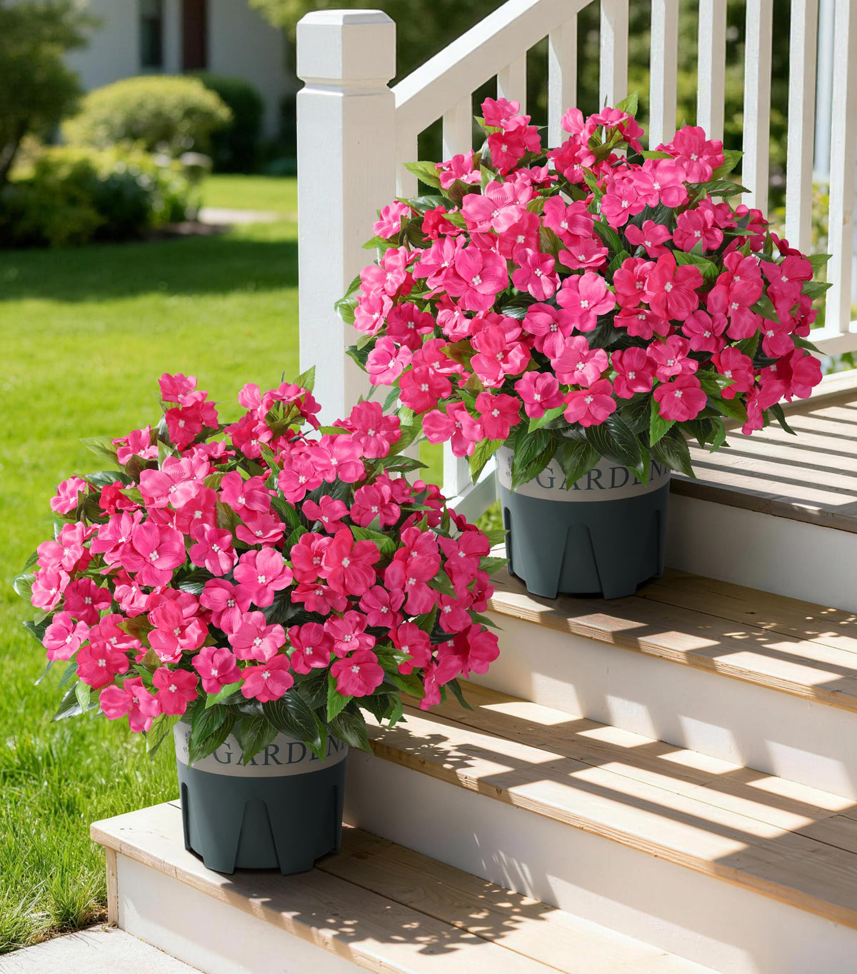 FancyPlus outdoor impatiens pot assembly shows a ready-to-display arrangement.
