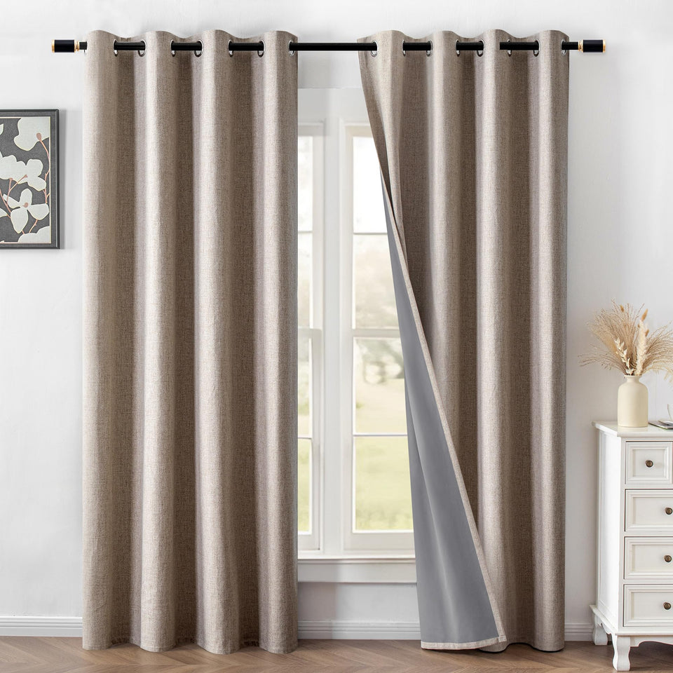 FancyRoof blackout curtains 2-panel beige set blocks light for restful sleep.