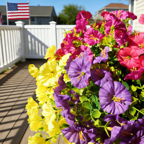 Fanfantoey front porch decor features lasting greenery.
