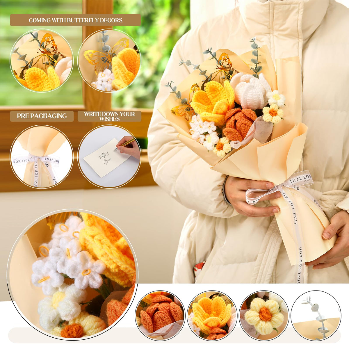 Fanfanwin crochet bouquet with yellow myosotis for delicate, lasting décor.