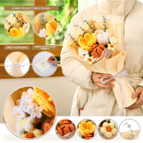 Fanfanwin crochet bouquet with yellow myosotis for delicate, lasting décor.