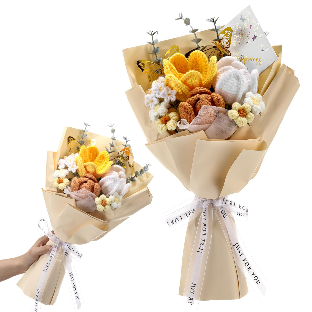 Fanfanwin crochet bouquet with yellow tulips for a long-lasting decorative centerpiece.