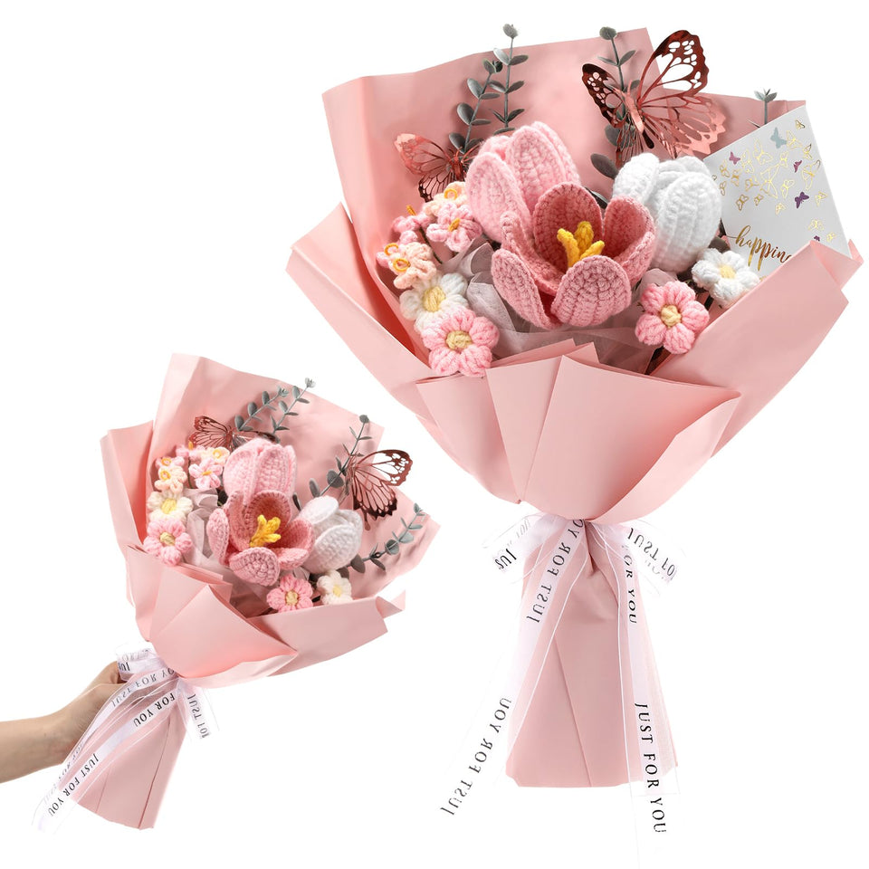 Fanfanwin crochet bouquet with pink tulips and butterfly card, a lasting keepsake for Mother's Day.