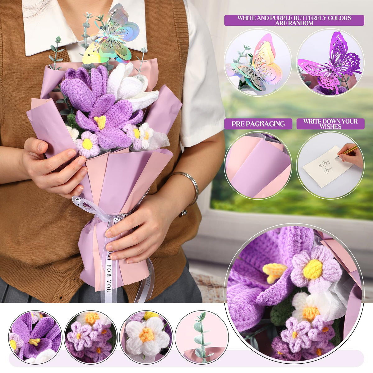 Fanfanwin hand-knitting bouquet close-up highlights meticulous stitching and unique charm