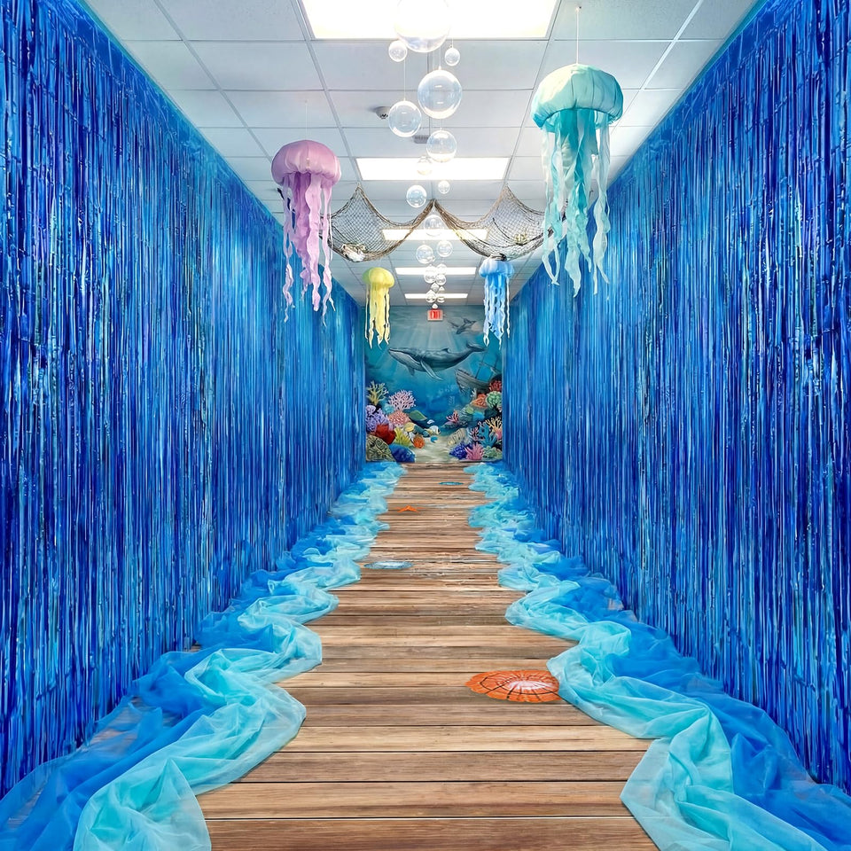 Fanfanwin under-the-ocean tinsel fringe curtains blue create a shimmering, photo-ready entrance.