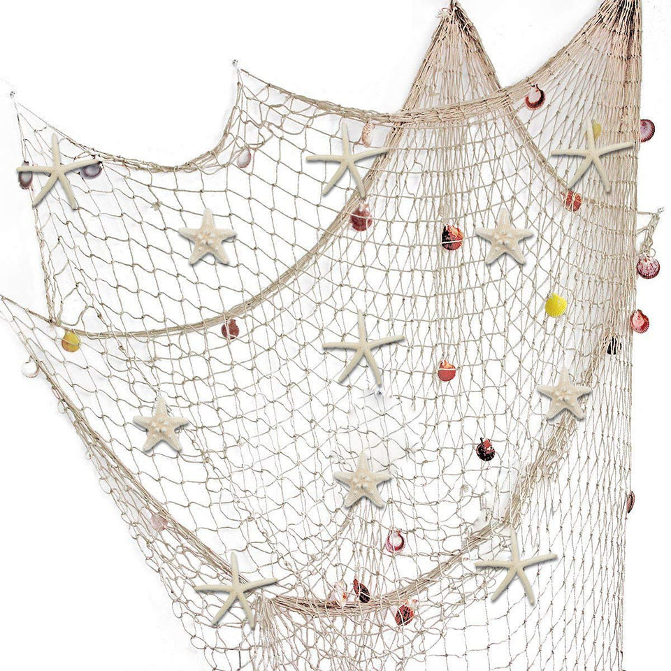 Fangoo Nature fish net wall decor with seashells adds coastal charm.