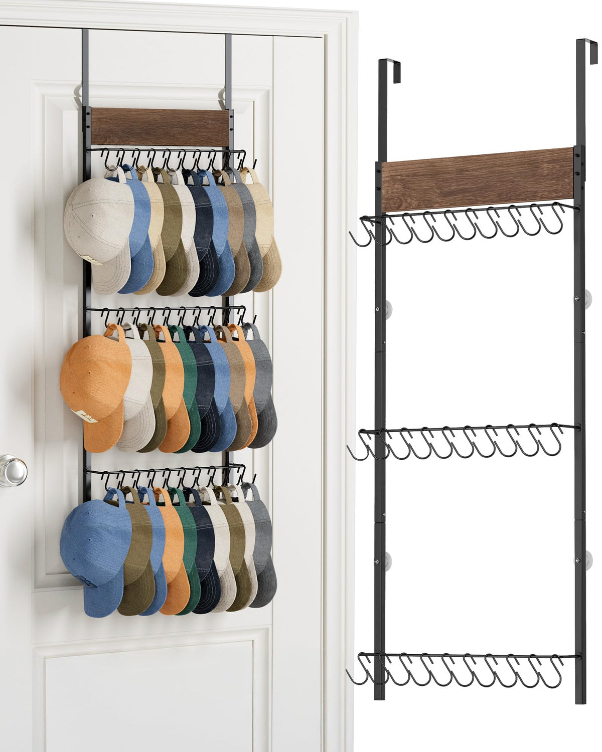 FANGSUN 3-tier over-the-door hat rack showing organized hats for quick access