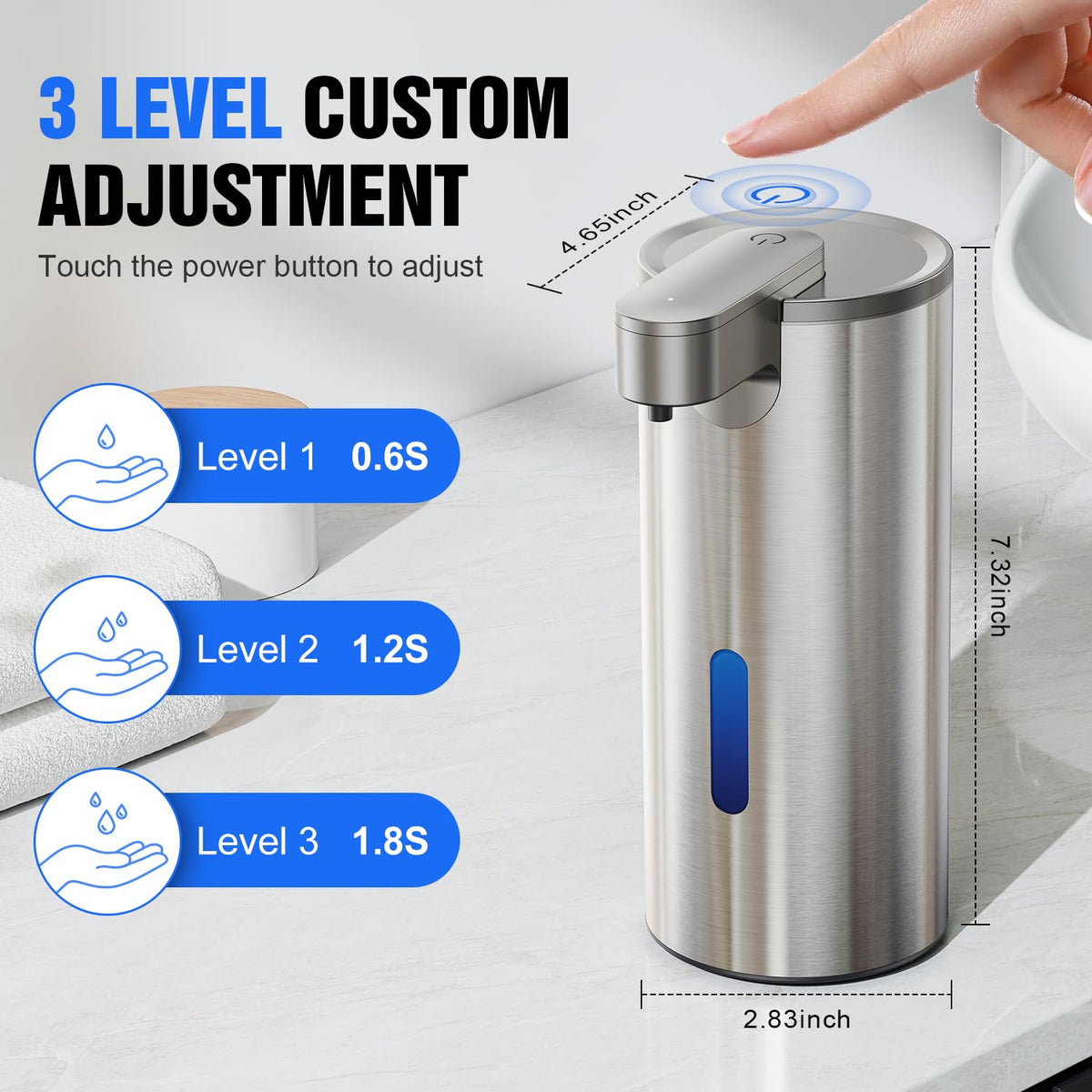 Fantictas 3-level dispensing button for customized soap use.