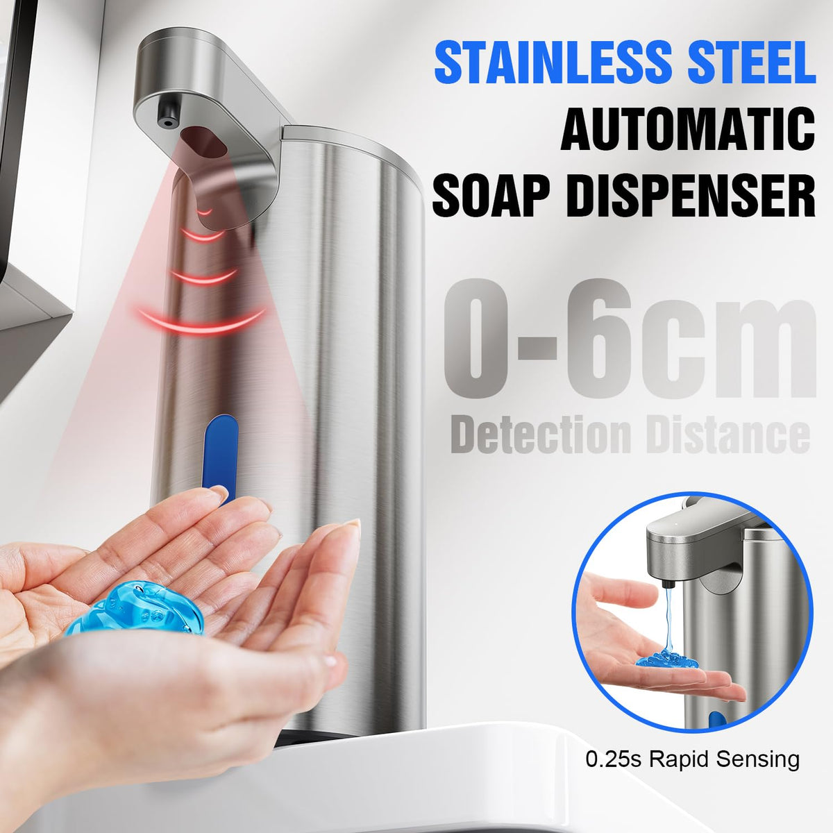 Fantictas 6 cm sensing range aids quick, hygienic handwashing.