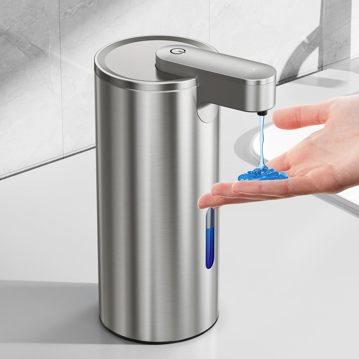 Fantictas touchless soap dispenser front view with a sleek stainless steel finish for kitchens and bathrooms.