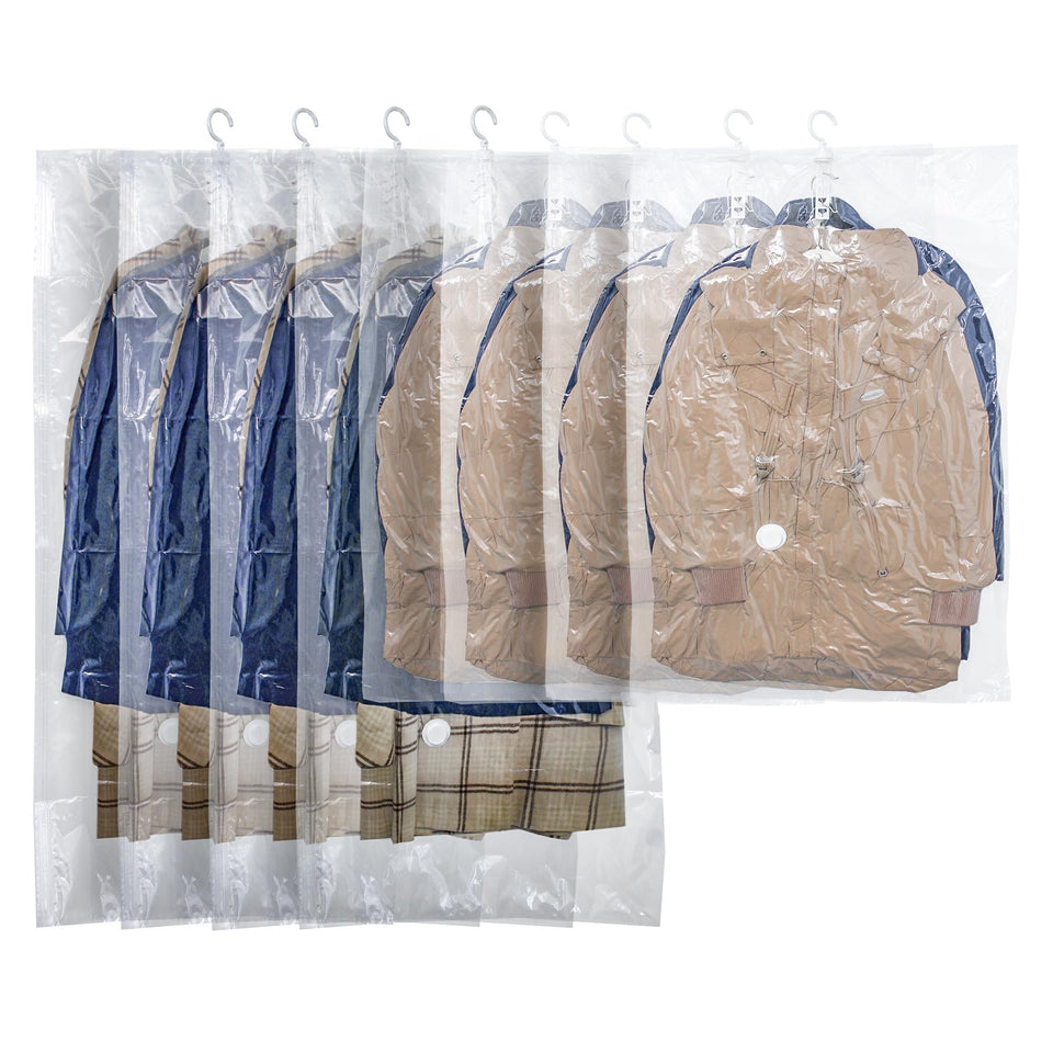 Farest hanging vacuum bag long size showing space-saving storage for coats