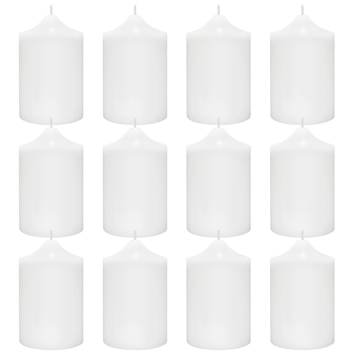 Fasize 12-pack white pillar candles with a clean, even glow for elegant events