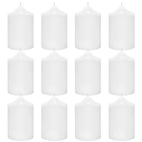 Fasize 12-pack white pillar candles with a clean, even glow for elegant events