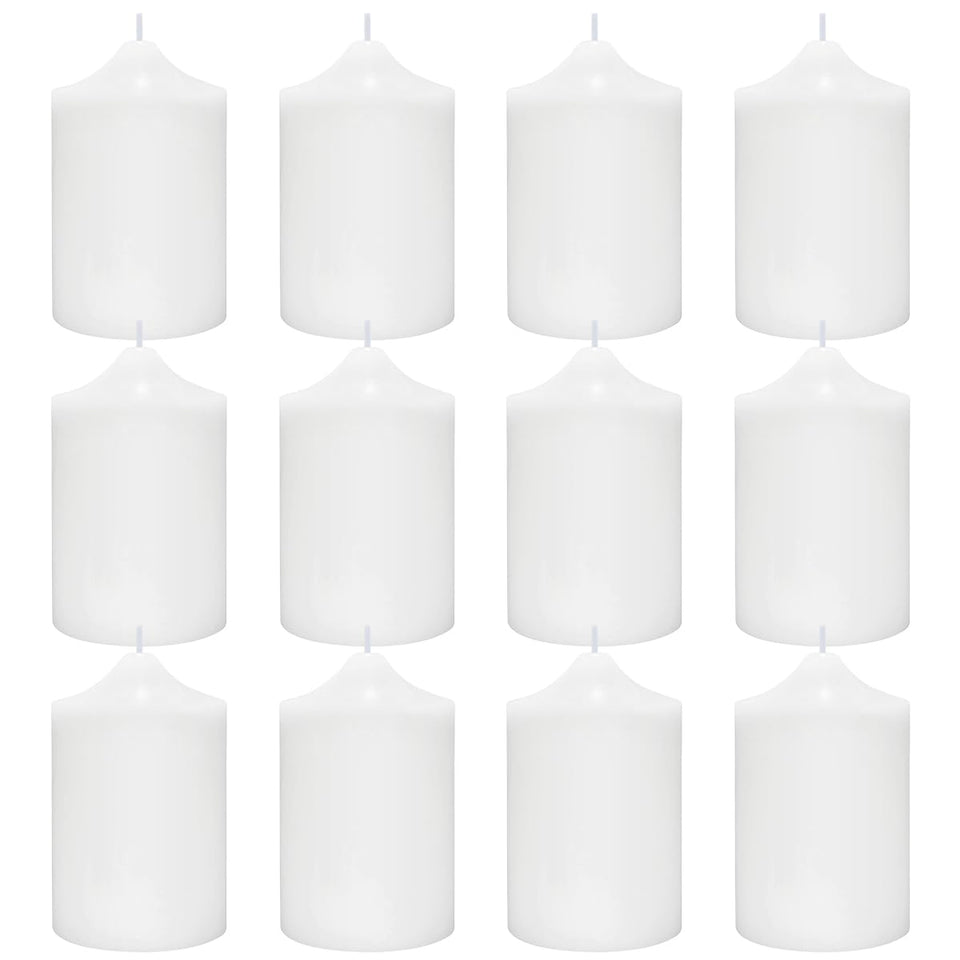 Fasize 12-pack white pillar candles with a clean, even glow for elegant events