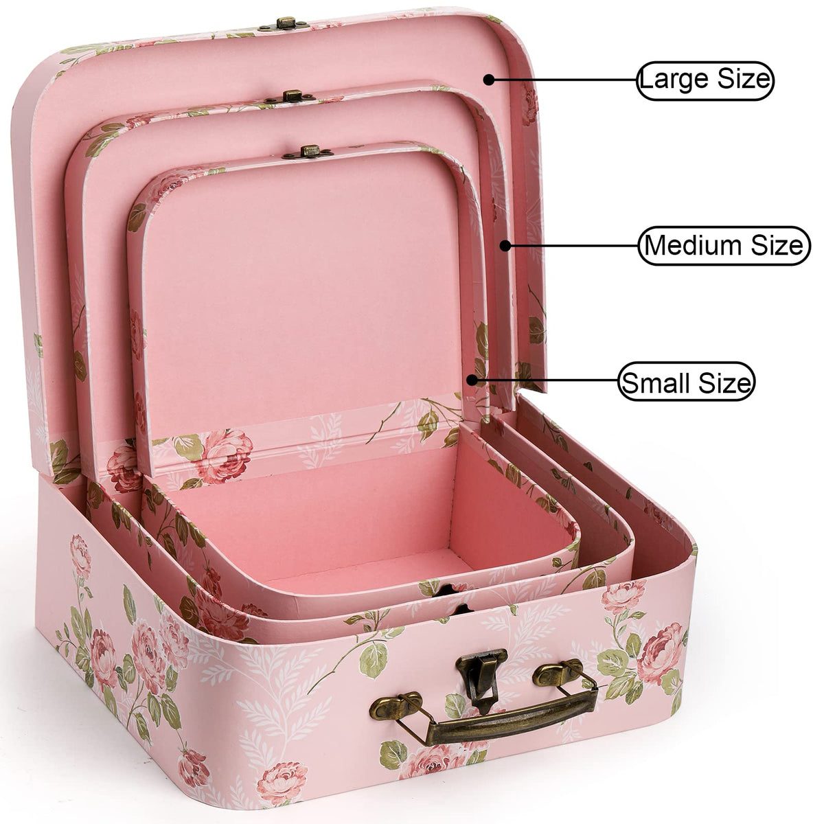 Fasmov pink paperboard suitcase nesting capability saves space on shelves.