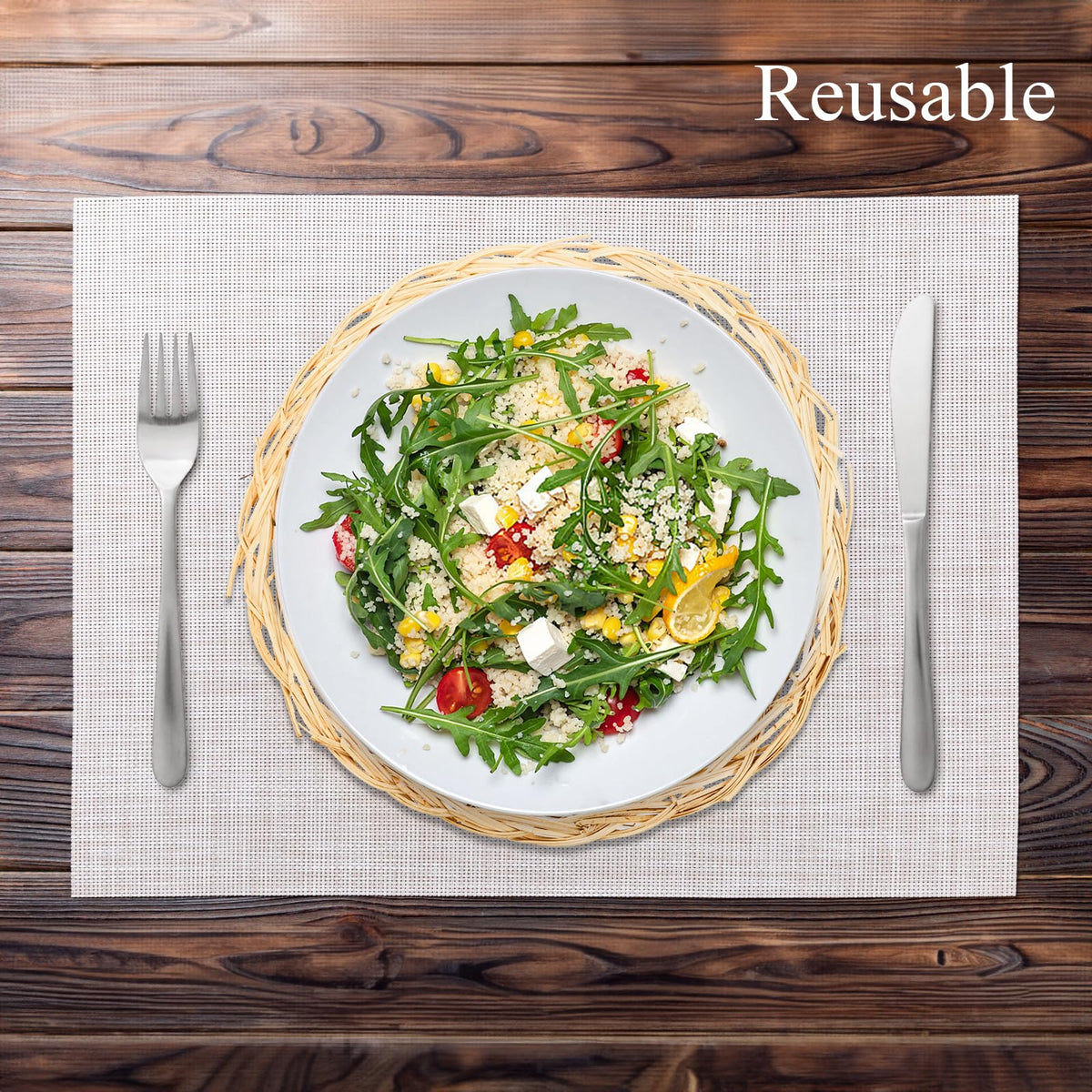Reusable Fasmov wicker holder adapts to different plate sizes for everyday use.