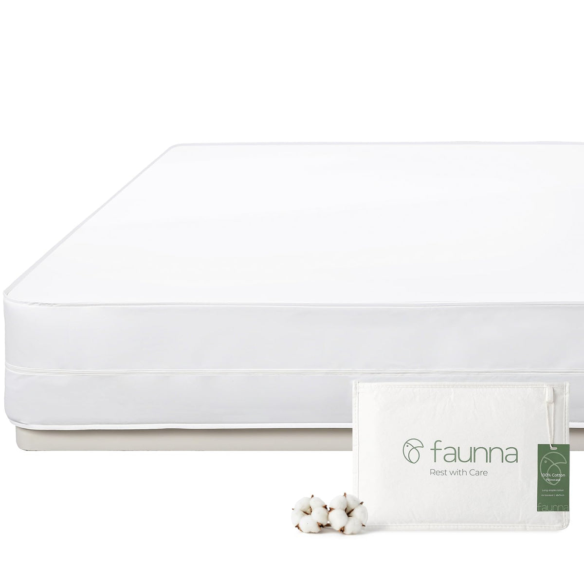 FAUNNA mattress encasement top view shows breathable cotton sleeping surface