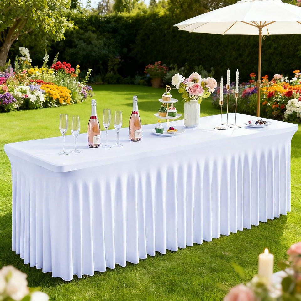 FAVE white tablecloth 6ft rectangular 2-pack on a wedding table, ready for elegance