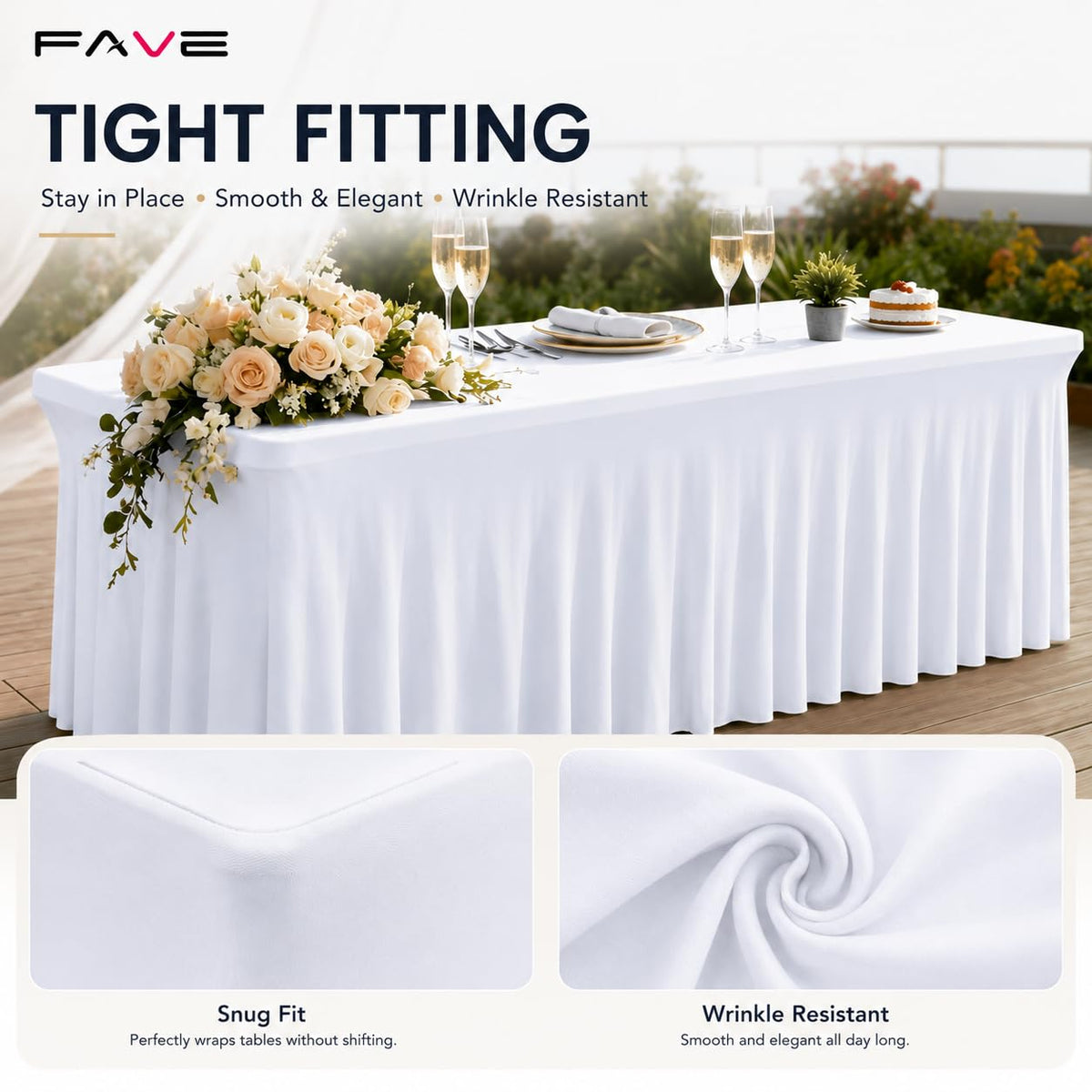 Party dining scene with FAVE white tablecloth creating a clean backdrop
