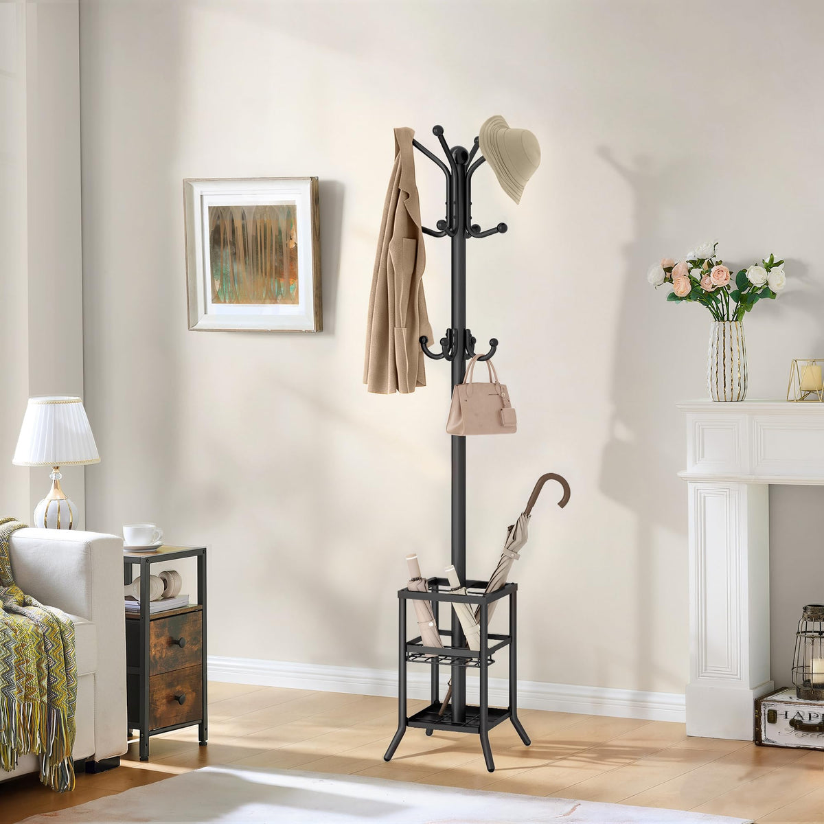 FAVOOSTY coat rack in office or bedroom setting.