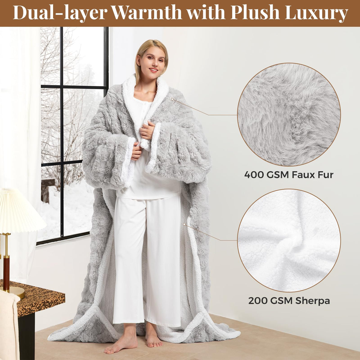 FAYKONCEN heated blanket with foot pockets keeps feet cozy.