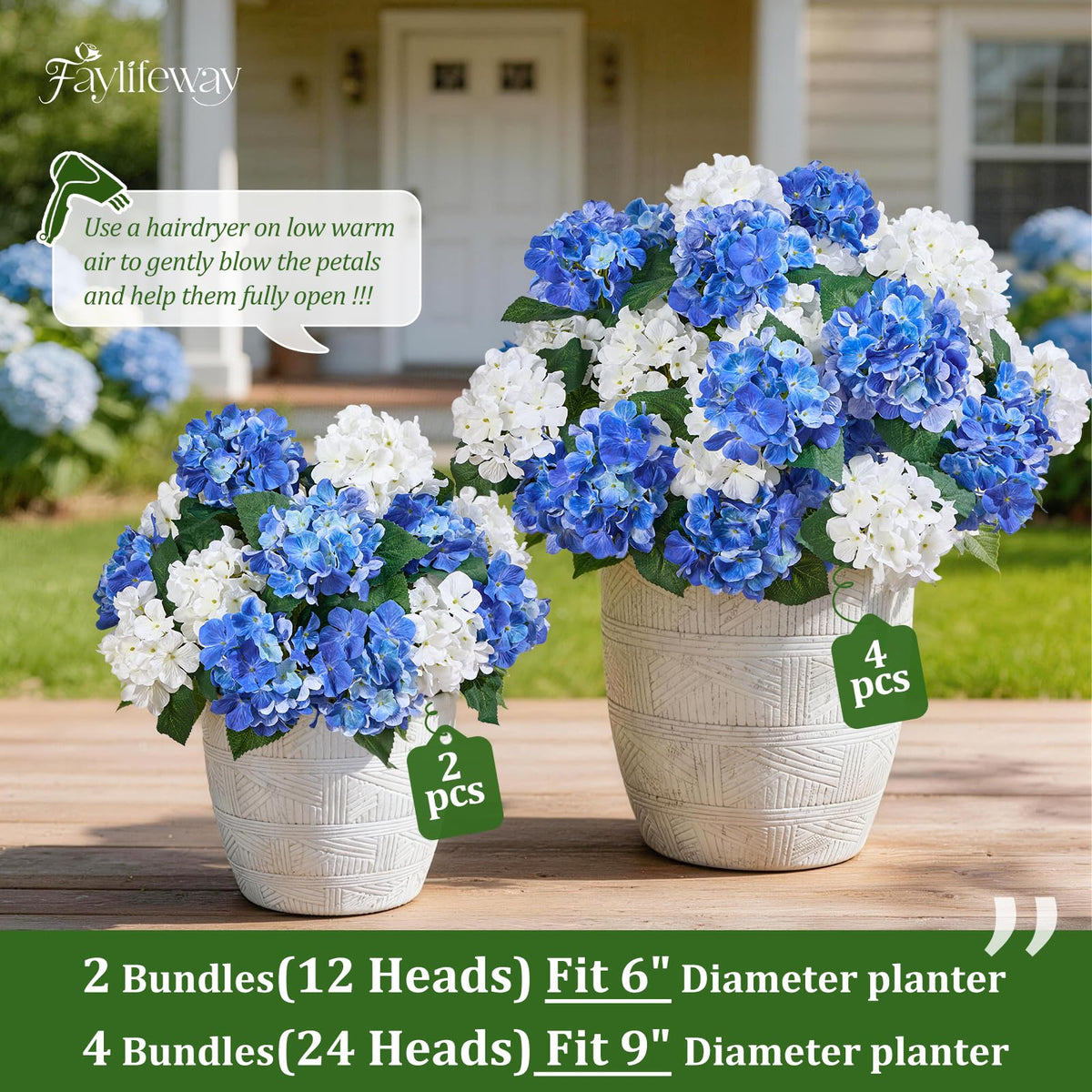 Faylifeway 12-heads hydrangea on patio railing demonstrates zero maintenance décor.