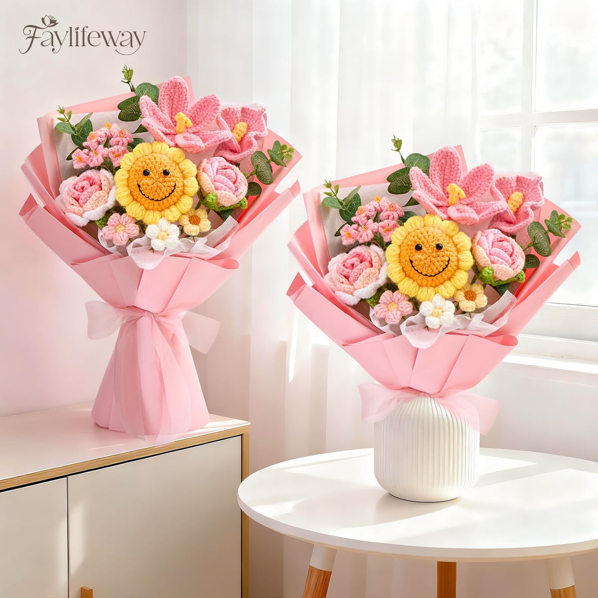 Bouquet width and dimensions for Faylifeway crochet flowers.