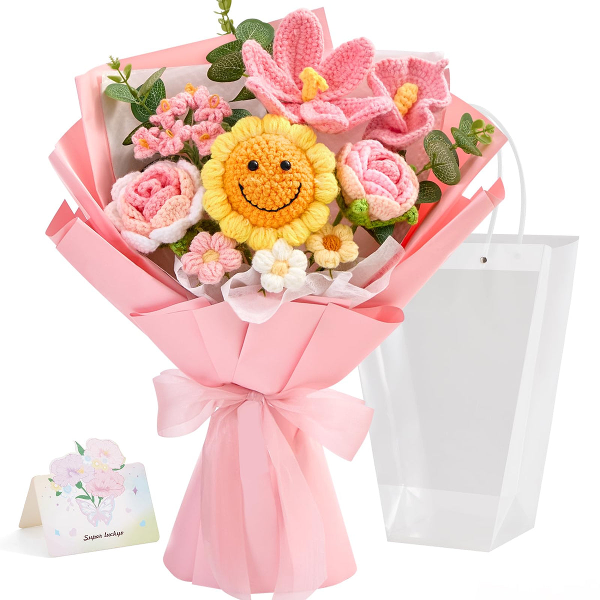 Faylifeway crochet bouquet overview with soft pink sunflowers, a lasting keepsake.