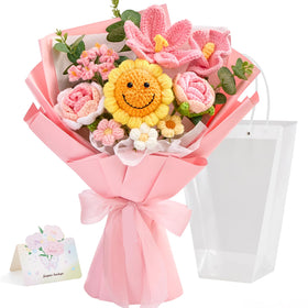 Faylifeway crochet bouquet overview with soft pink sunflowers, a lasting keepsake.